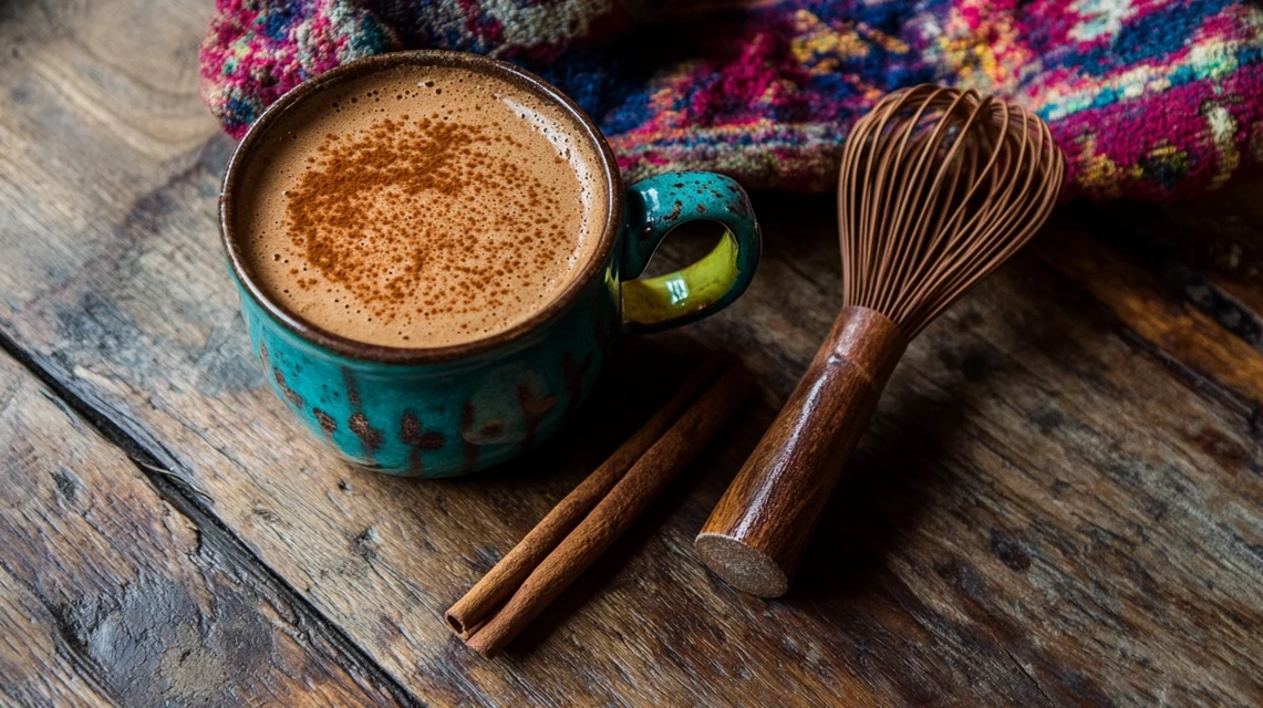 Mexican hot chocolate with a cinnamon stick and molinillo whisk.