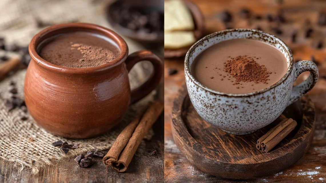 Mexican hot chocolate and champurrado side by side in traditional cups.