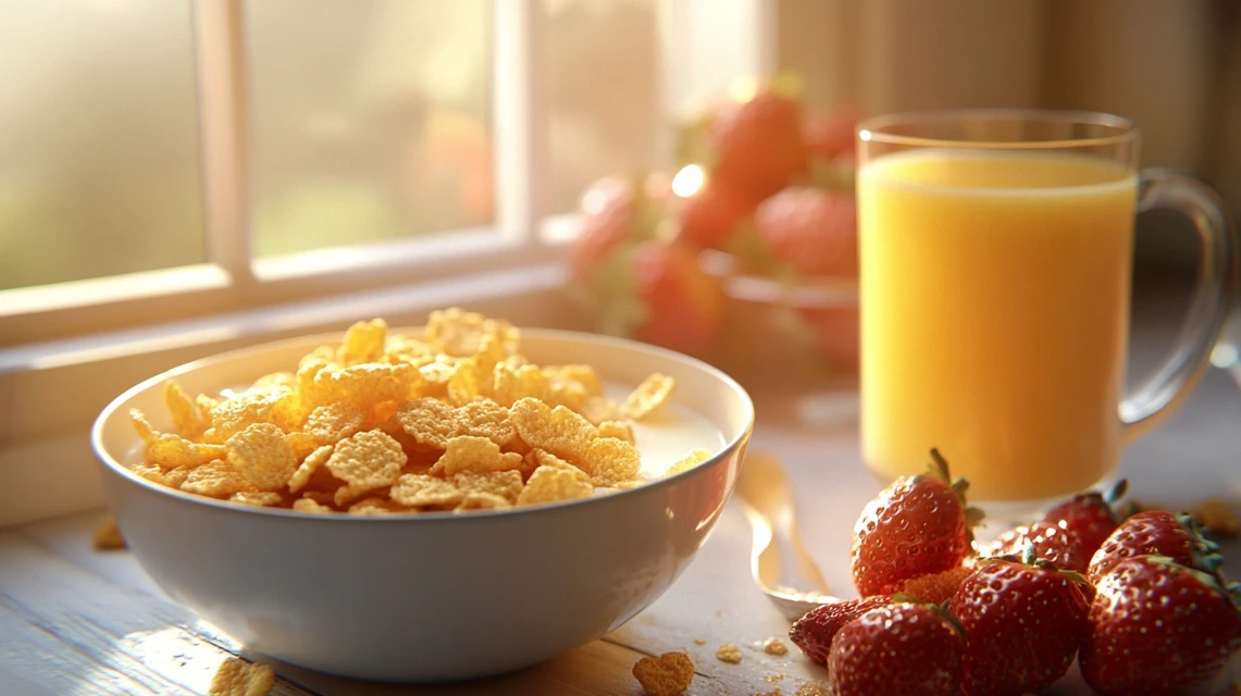 A bowl of corn flakes with milk and strawberries on a breakfast table.