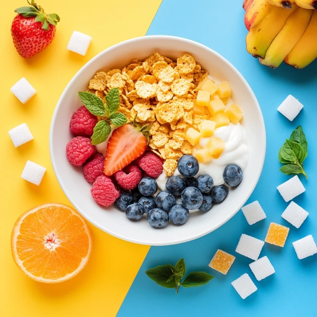 This image highlights the impact of toppings on corn flakes, showing a healthier option with fruit alongside a sugary alternative for better awareness. Bowl of corn flakes with fresh fruit on one side and sugar cubes on the other.