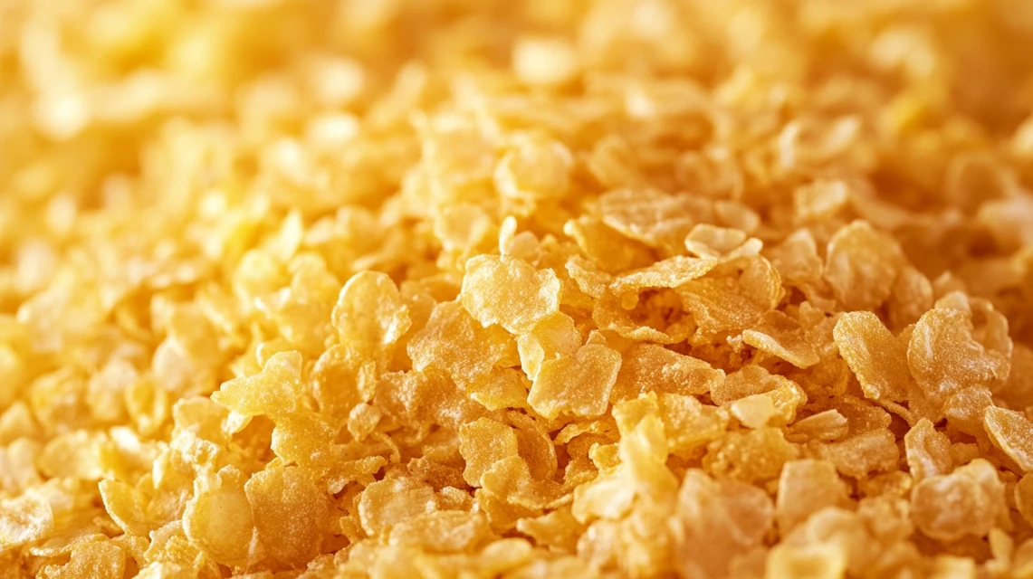 Close-up of golden corn flakes showing their texture and crispiness.