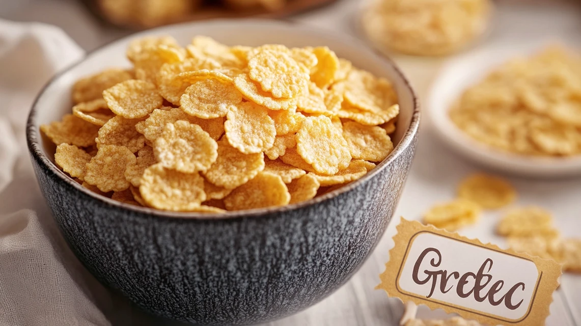 A bowl of corn flakes with a gluten-free certification label.