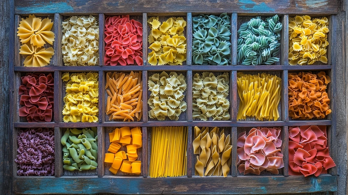 A variety of pasta types displayed on a wooden table with labels.