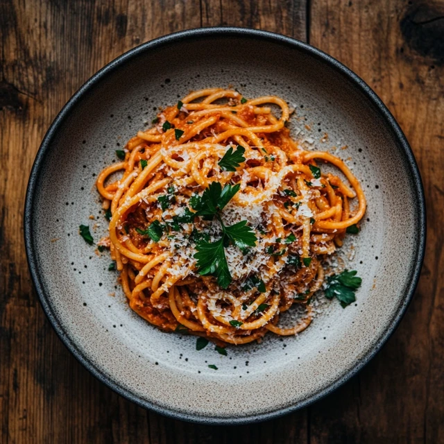 An appetizing image of rotelle pasta served with rich tomato sauce and fresh garnishes, highlighting its ability to hold sauces well. A plate of cooked wheel pasta with tomato sauce and Parmesan cheese on a wooden table.