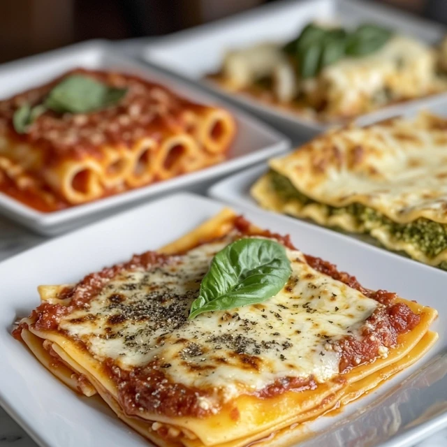 A mouth-watering display of four pasta dishes, each featuring a different type of pasta paired with ideal sauces Four pasta dishes with marinara, pesto, creamy, and baked lasagna, plated beautifully.