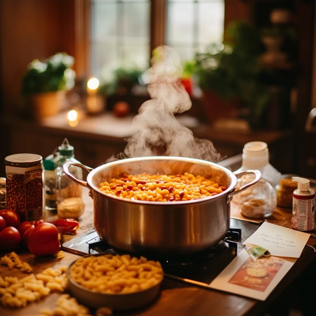A heartwarming depiction of an Italian-American kitchen preparing Pasta Fazool, showcasing traditional ingredients and a cozy atmosphere. A home kitchen with ingredients for making Pasta Fazool, featuring pasta, beans, and tomato sauce.