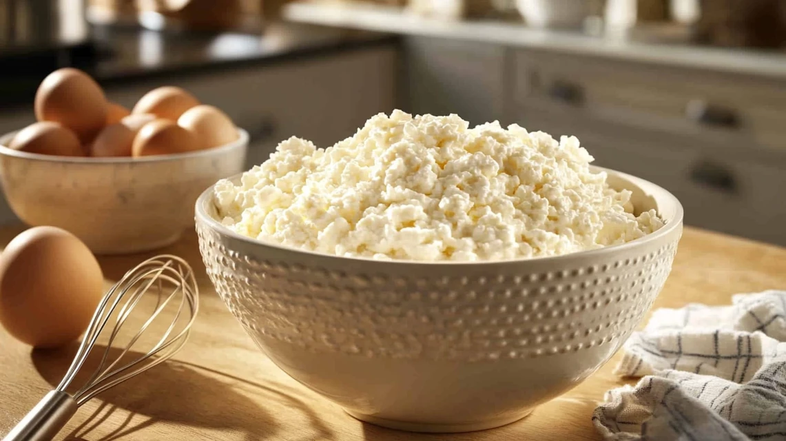 Cottage cheese in a mixing bowl with baking ingredients on a kitchen counter.