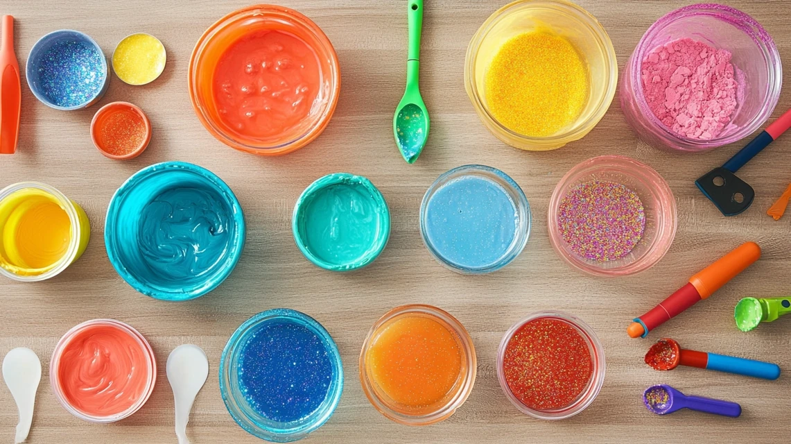 DIY slime-making ingredients including glue, food coloring, and glitter on a table