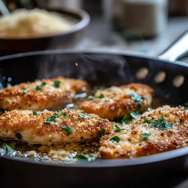 Golden-brown breaded chicken Parmesan frying in a skillet, highlighting the crispy coating and cooking process. Breaded chicken Parmesan frying in a skillet with a golden crust.