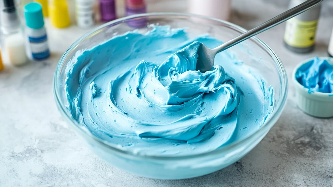 Bluey-colored buttercream in light and medium blue shades in a bowl.