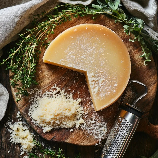 A traditional Parmesan cheese wheel, emphasizing its nutty, granular texture and iconic role in Italian cuisine. A wheel of Parmesan cheese with a grater and freshly grated Parmesan.
