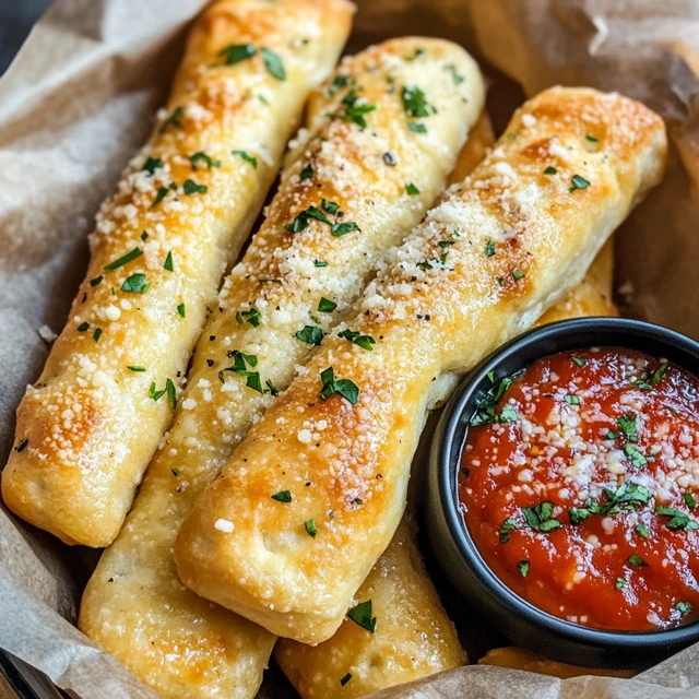 A basket of golden-brown Garlic Parmesan breadsticks, served with marinara sauce, perfect as a side or appetizer. Warm Garlic Parmesan breadsticks with marinara sauce for dipping.