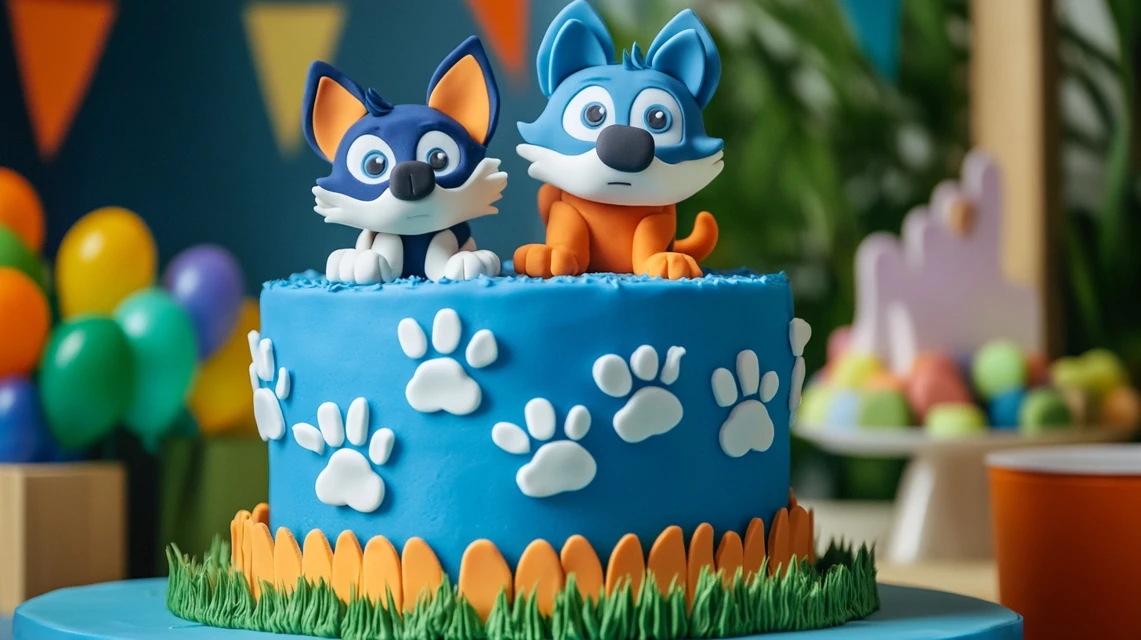 A Bluey-themed cake with Bluey and Bingo figurines and colorful decorations.