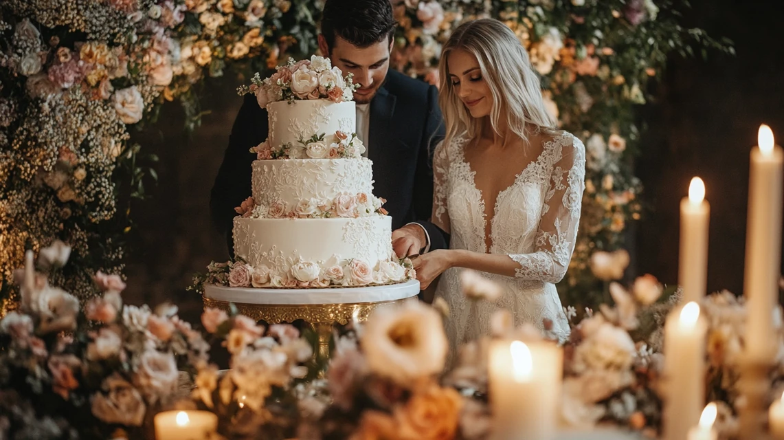 A white wedding cake symbolizing love and unity with elegant floral decorations.