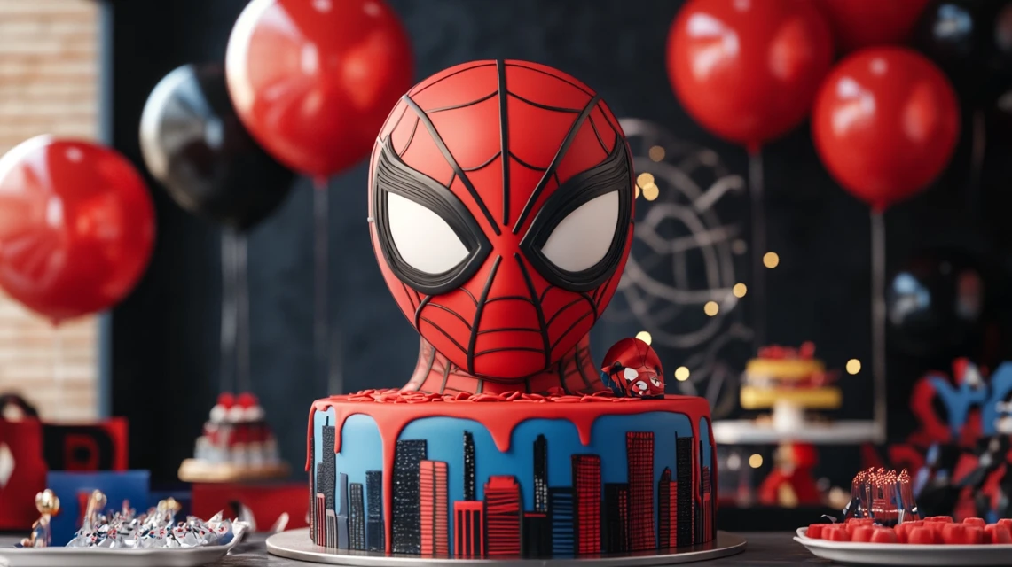 Spiderman-themed cake with Spiderman mask design and cityscape backdrop.