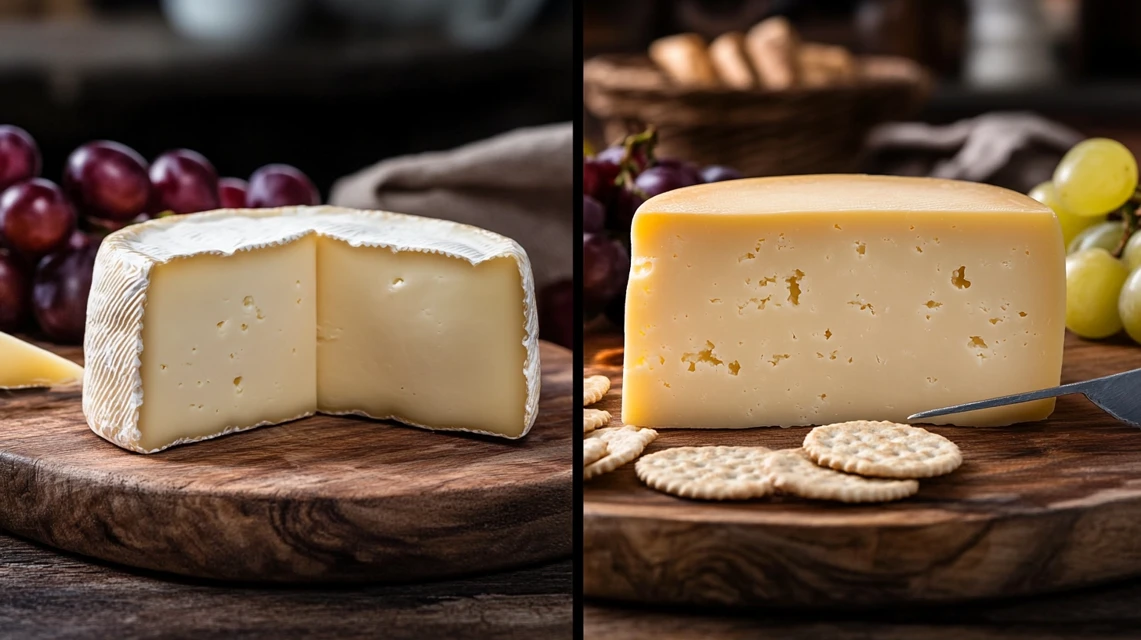 Havarti and Gouda cheese slices on a wooden board with grapes and crackers.