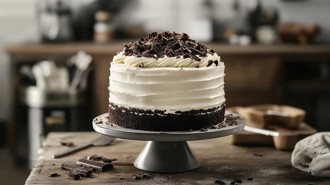 Black-and-white Skunk Cake with layered design and chocolate shavings.