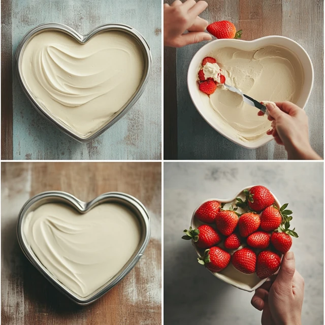 A detailed visual guide to making a heart cake, showcasing batter pouring, frosting layering, and creative decoration with fresh strawberries for a perfect dessert centerpiece. Step-by-step preparation of a heart-shaped cake with frosting and strawberries.