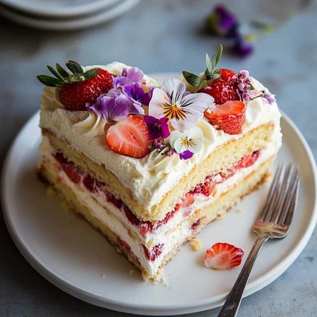 A close-up of a sliced heart cake revealing its soft vanilla and strawberry layers, topped with whipped cream and edible flowers for an elegant presentation. Sliced heart cake with vanilla and strawberry layers and edible flower garnish.