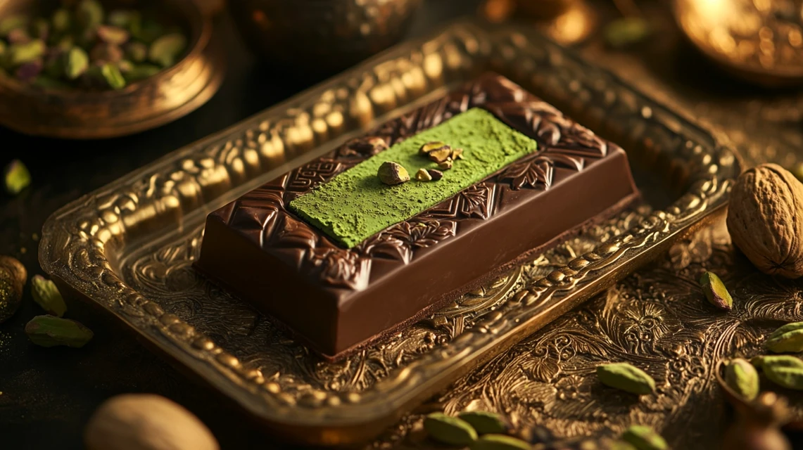 Dubai chocolate bar with green filling, surrounded by pistachios and cardamom.