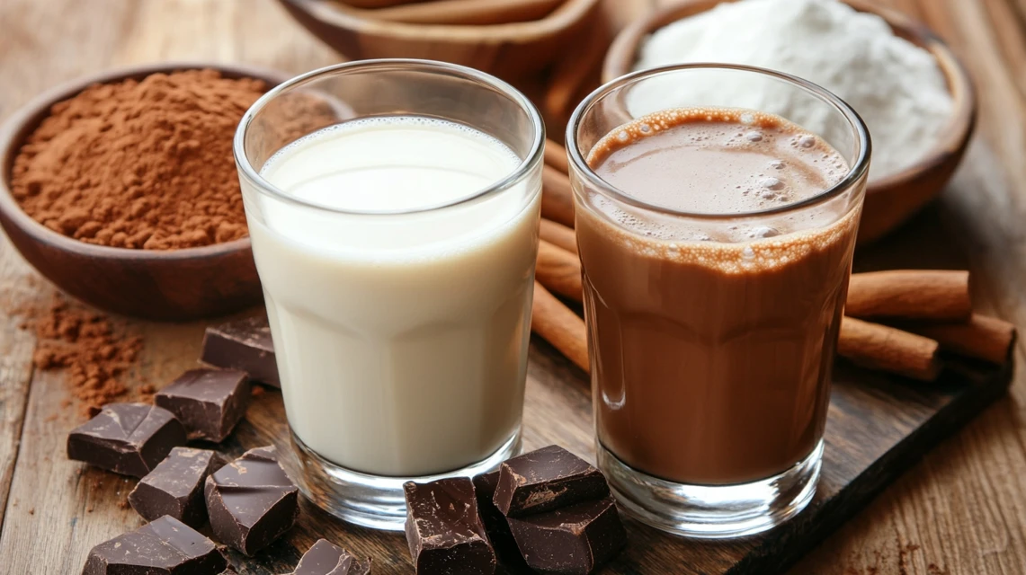 A glass of chocolate milk beside a glass of plain milk on a kitchen counter.