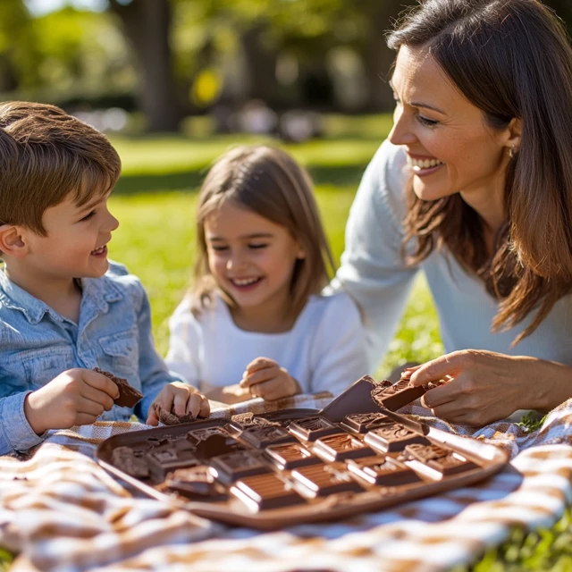 A family enjoying milk chocolate during a picnic, showcasing mindful consumption with portion-controlled servings on a shared plate. Family sharing milk chocolate at a picnic with portion-controlled servings.