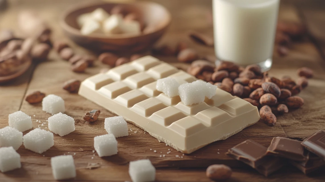 Bar of milk chocolate with cocoa beans and sugar cubes.