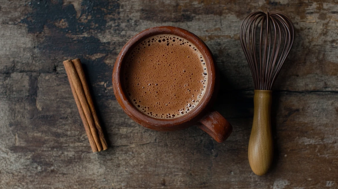 Traditional Mexican hot chocolate with a cinnamon stick and molinillo whisk.