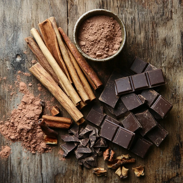 A visually appealing arrangement of traditional ingredients for Mexican hot chocolate, including chocolate tablets, cinnamon sticks, and piloncillo, emphasizing its authentic preparation. Ingredients for Mexican hot chocolate with Mexican chocolate tablets and spices.