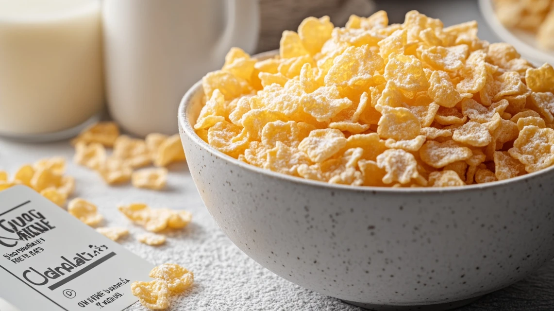 Bowl of corn flakes with milk and a nutrition label showing sugar content.