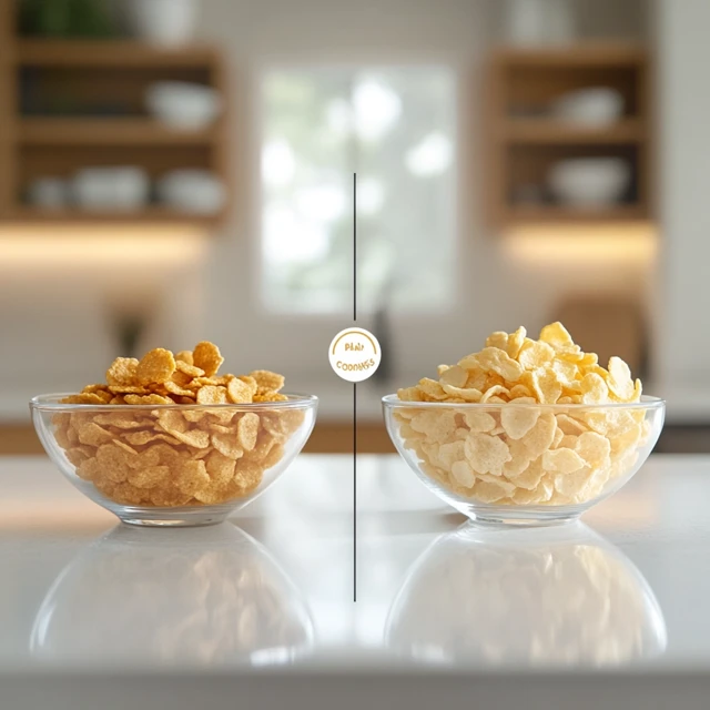 This image visually contrasts plain corn flakes and sweetened varieties, showcasing the difference in sugar content for easy understanding. Comparison of plain and sweetened corn flakes with sugar levels displayed.