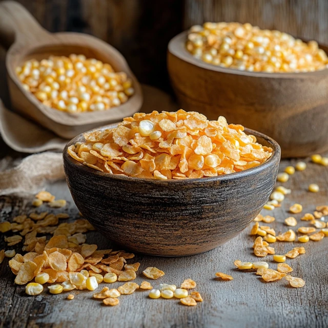 This image contrasts raw corn kernels with a bowl of corn flakes, emphasizing the simplicity of the ingredients and their transformation into a beloved breakfast cereal. Raw corn kernels and a bowl of finished corn flakes on a rustic kitchen table.