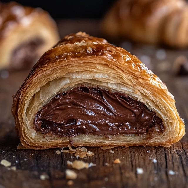 A detailed close-up of a chocolate croissant highlighting its delicate, buttery layers and gooey chocolate filling, set against a rustic backdrop. Chocolate croissant broken in half showing flaky layers and melted chocolate.