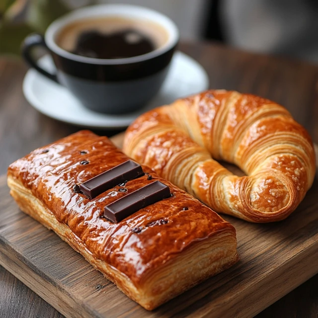 Pain au chocolat and chocolate croissant side by side with coffee. Pain au chocolat and chocolate croissant side by side with coffee.