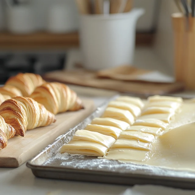 A bakery scene featuring croissants and puff pastry desserts, illustrating their popular uses and unique presentation styles. Bakery counter with croissants and puff pastry-based desserts on display.