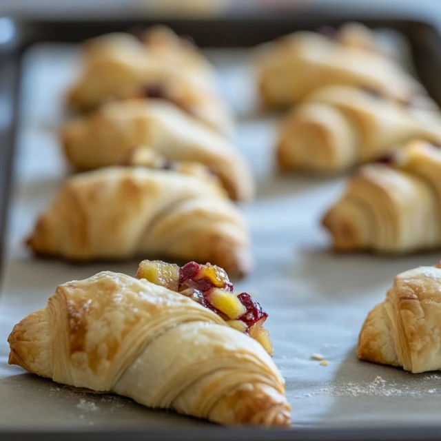 An image highlighting how Pillsbury croissant dough and puff pastry can be used for similar recipes, showcasing their versatility in baking. Croissant dough and puff pastry turnovers on a baking tray with fruit filling.