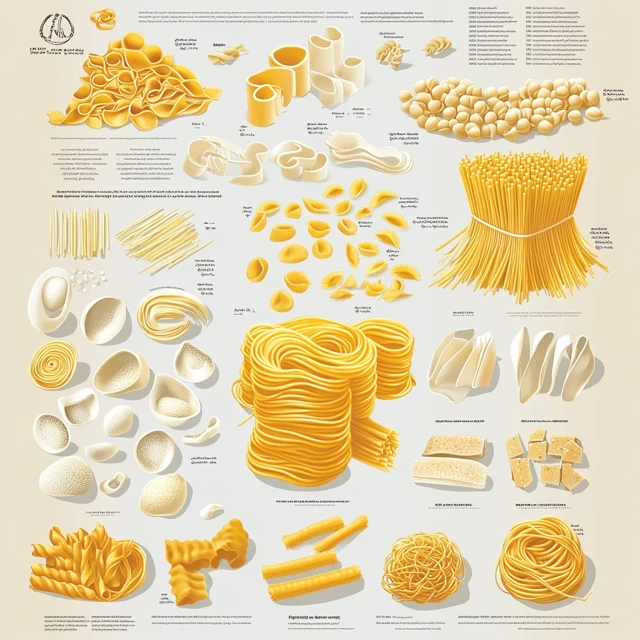 An informative pasta guide showing various pasta types and their best sauce pairings for different dishes. An infographic displaying different pasta shapes with descriptions and sauce pairings.