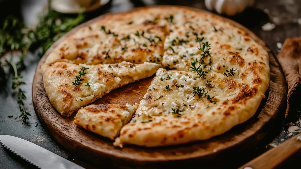 Close-up of cottage cheese flatbread showing its soft, chewy interior and crispy exterior.