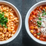 Traditional Pasta Fagioli vs. American-style Pasta Fazool side by side in bowls.