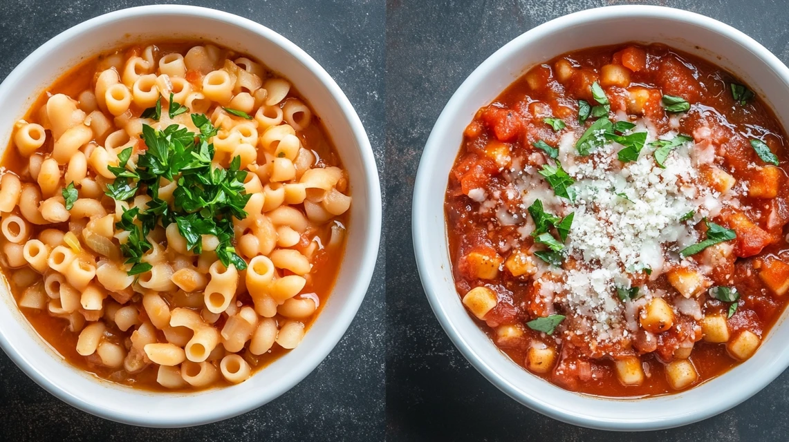 Traditional Pasta Fagioli vs. American-style Pasta Fazool side by side in bowls.