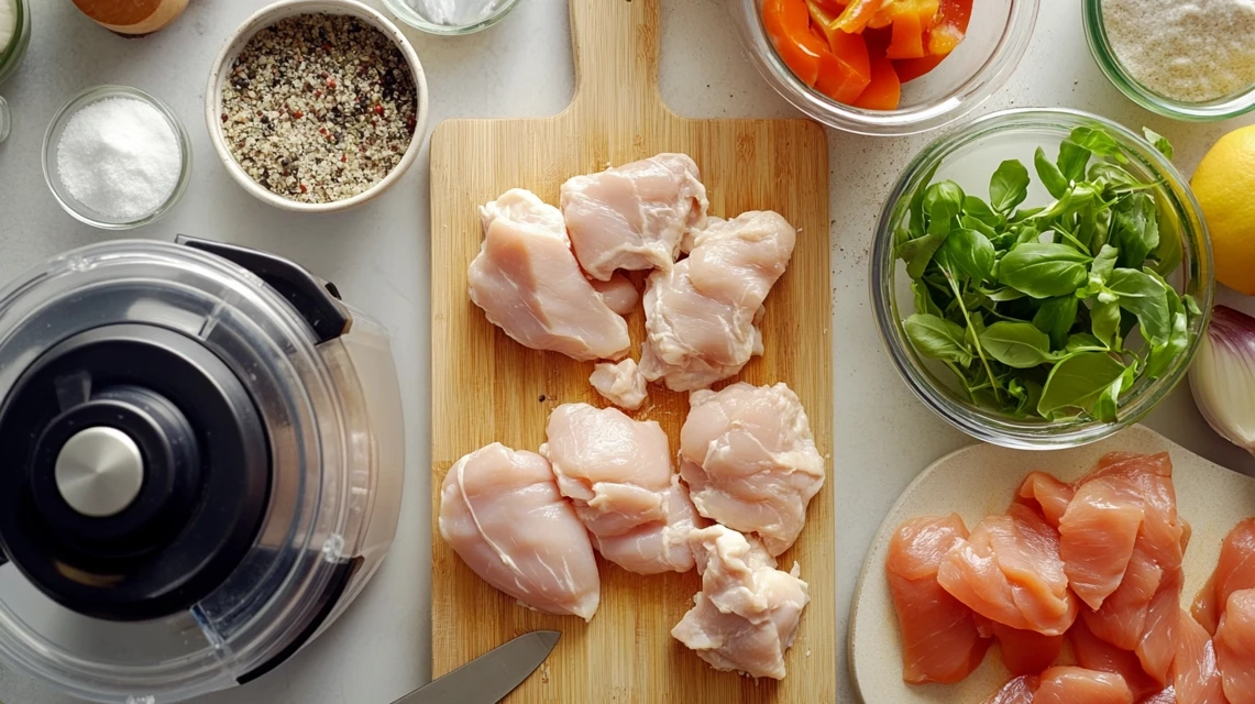 Raw chicken pieces on a cutting board with a food processor and knife for grinding.