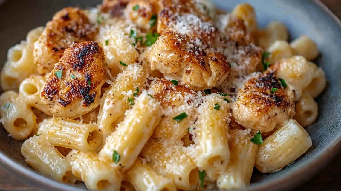 Creamy garlic Parmesan chicken pasta with seared chicken slices and parsley.