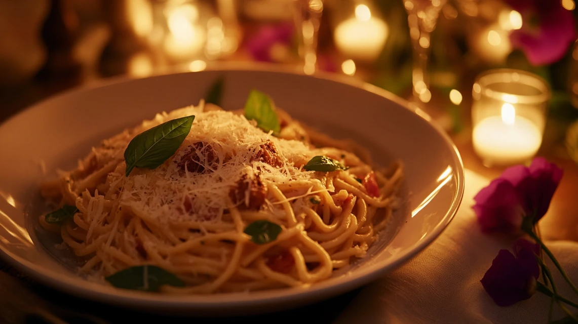 Marry Me Pasta served in a bowl with fresh basil and Parmesan on a romantic table.