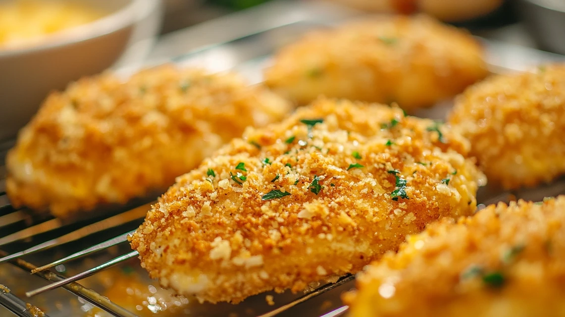 Properly breaded chicken Parmesan on a wire rack, ready for cooking.