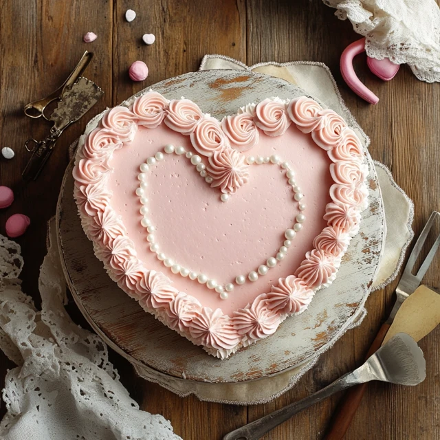 A beautifully decorated heart-shaped cake with pastel pink frosting, intricate buttercream borders, and delicate edible pearls for a romantic look. Heart-shaped cake with pink frosting, white borders, and edible pearls.