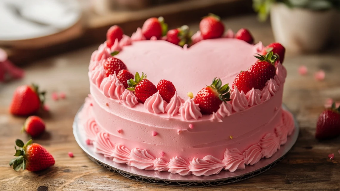 Single-layer heart cake with pink frosting and fresh strawberries.