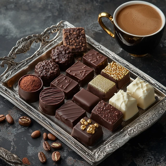 A variety of Dubai chocolates featuring crispy elements, from pralines to truffles, elegantly arranged on a silver tray with gold accents and Arabic coffee for a luxurious display. Assorted Dubai chocolates with crispy textures and edible gold accents.