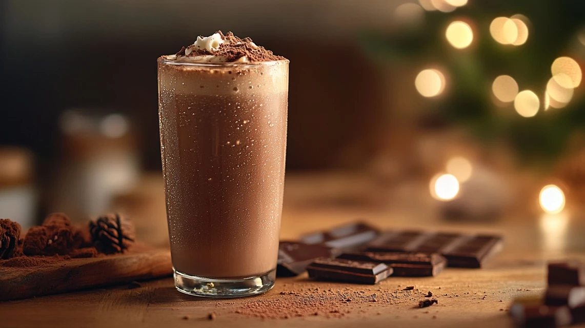 A glass of creamy chocolate milk with condensation, cocoa powder, and a chocolate bar on a wooden table