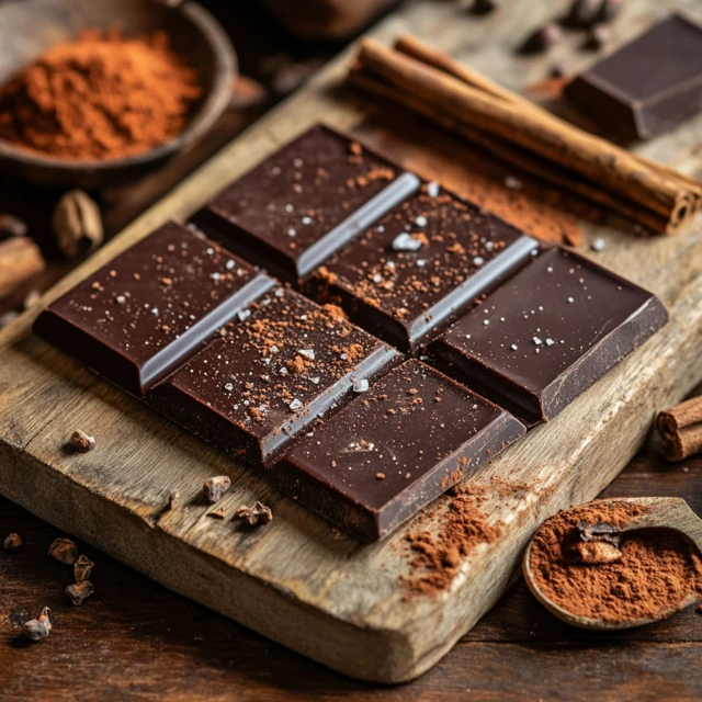 Authentic Mexican chocolate tablets on a wooden board, surrounded by cinnamon sticks and chili powder, highlighting the bold flavors and rustic texture of Mexican hot chocolate. Mexican chocolate tablets with spices on a wooden board.