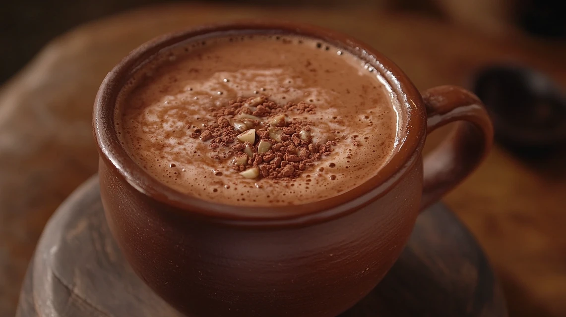 Mexican hot chocolate in a clay mug with a frothy top and grainy texture.